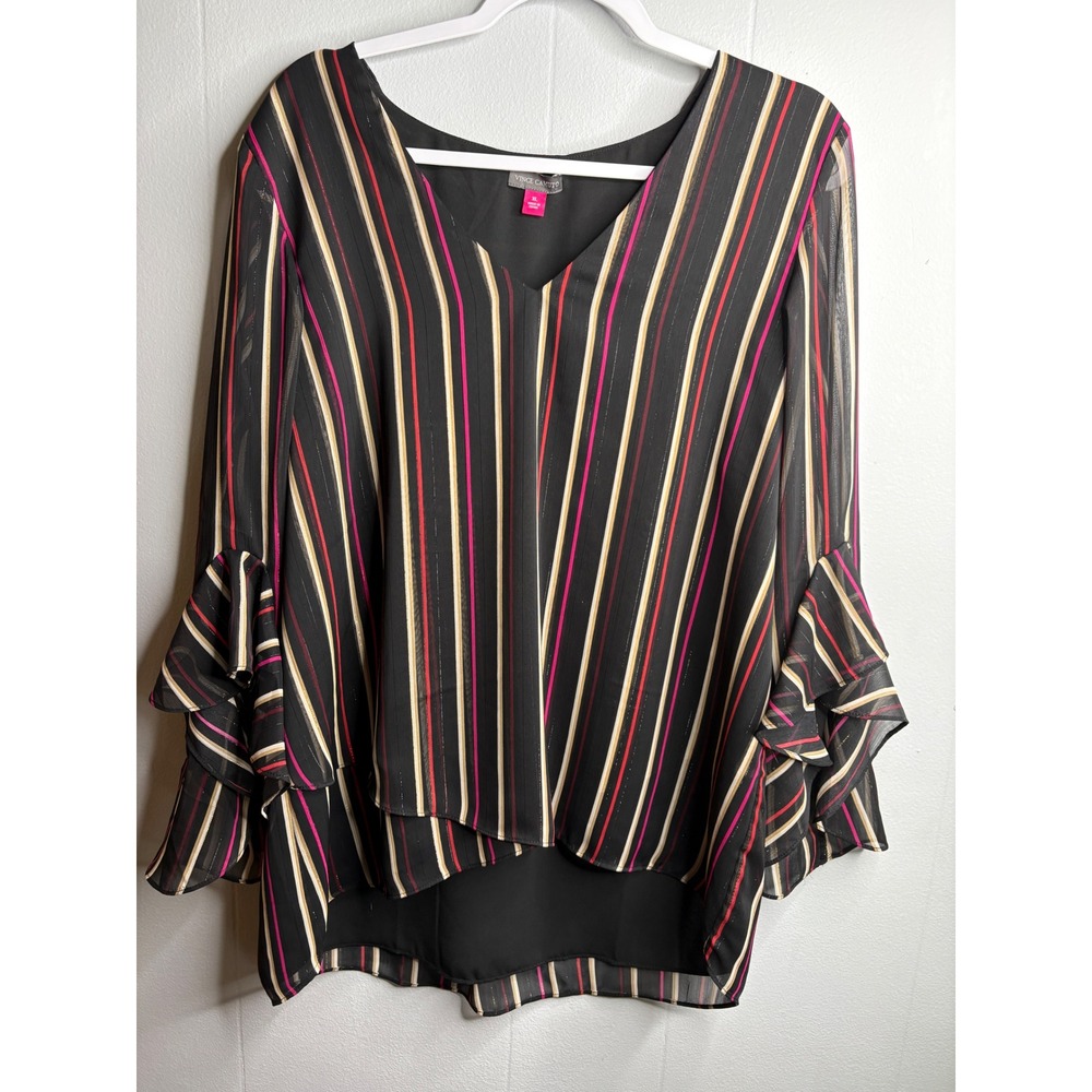 Vince Camuto XL Black Pink Gold Metallic Striped Ruffle Bell Sleeve Blouse‎ Top